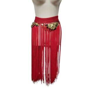 Red Hip Skirt Belly Dance Tassels Fringe Skirt Bellydance Coins Fringe Hip Scarf